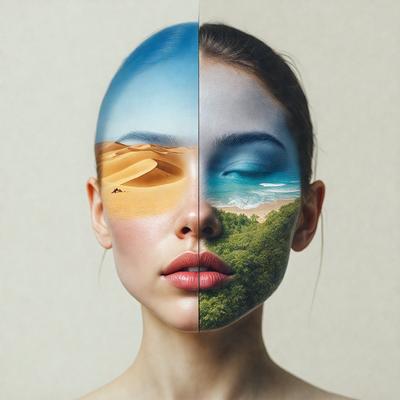 The primary subject of the image is a woman with a painted face, featuring a split image of a beach and a desert. The setting is a close-up of the woman's face, and the visual style is a combination of digital art and illustration. The colors and mood of the image are vibrant and lively, with the beach and desert scenes adding a sense of adventure and exploration.